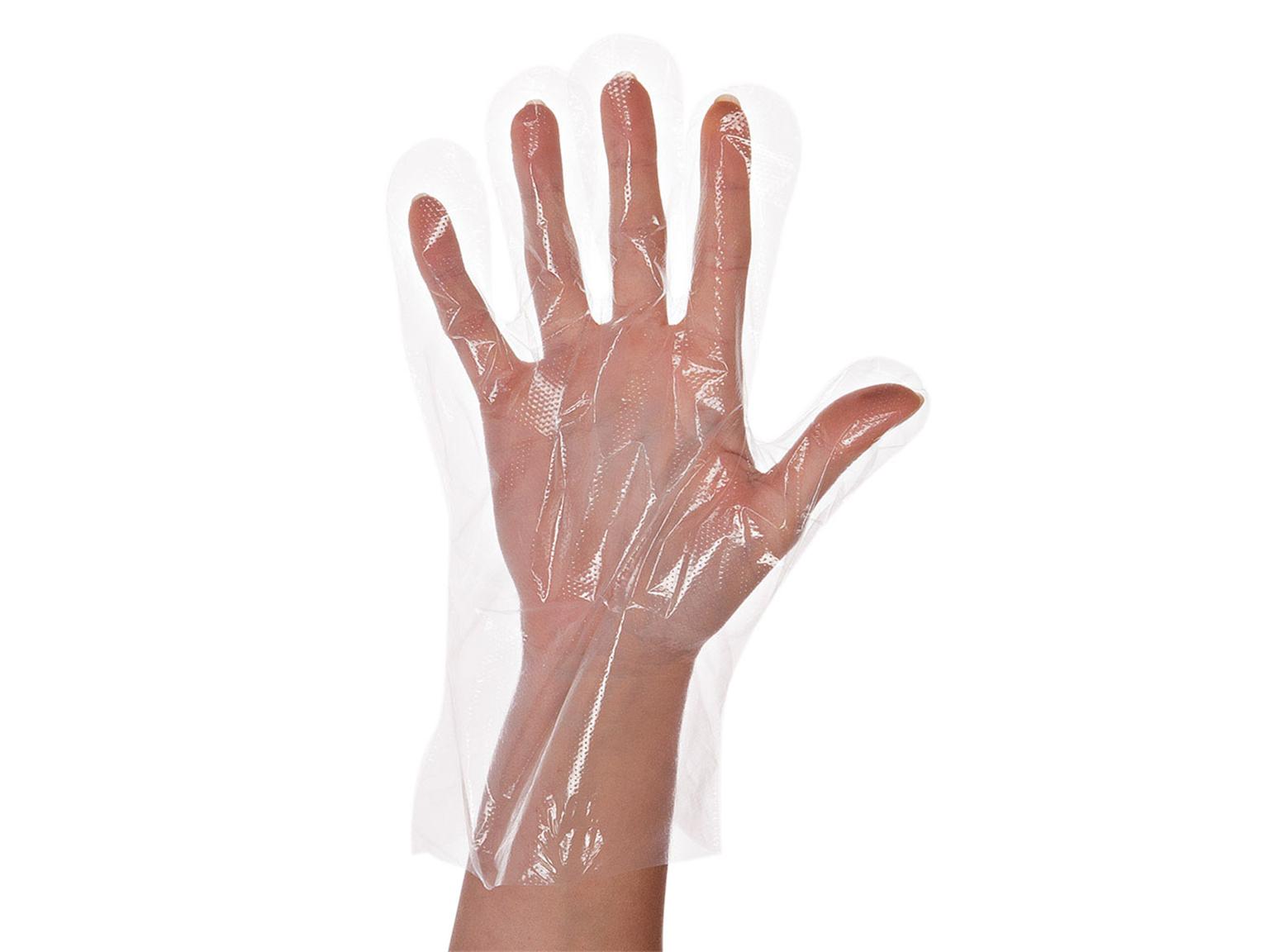 Einweghandschuhe Grösse L, Strong, aus HDPE-Folie, transparent, geprägt Einweghandschuhe Grösse L, Strong, aus HDPE-Folie, transparent, geprägt