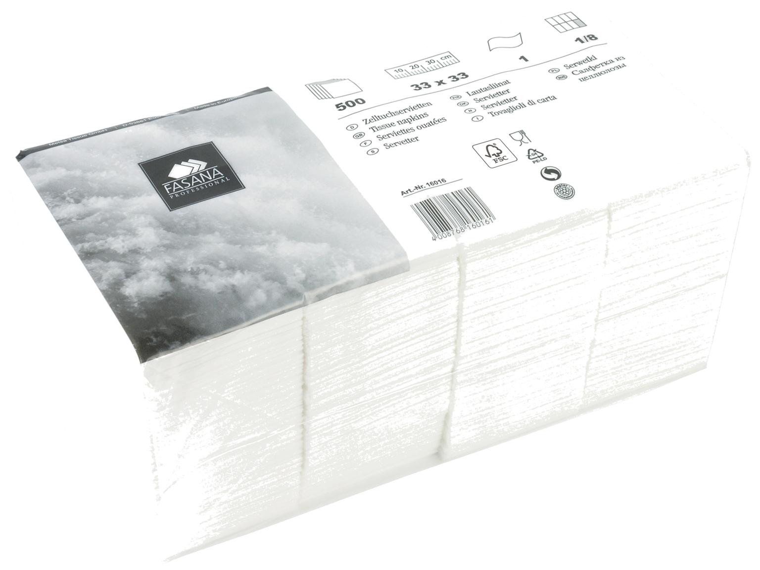 Servietten Fasana 33 x 33 cm 1-lagig, 1/8 Kopffalz, weiss Servietten Fasana 33 x 33 cm 1-lagig, 1/8 Kopffalz, weiss