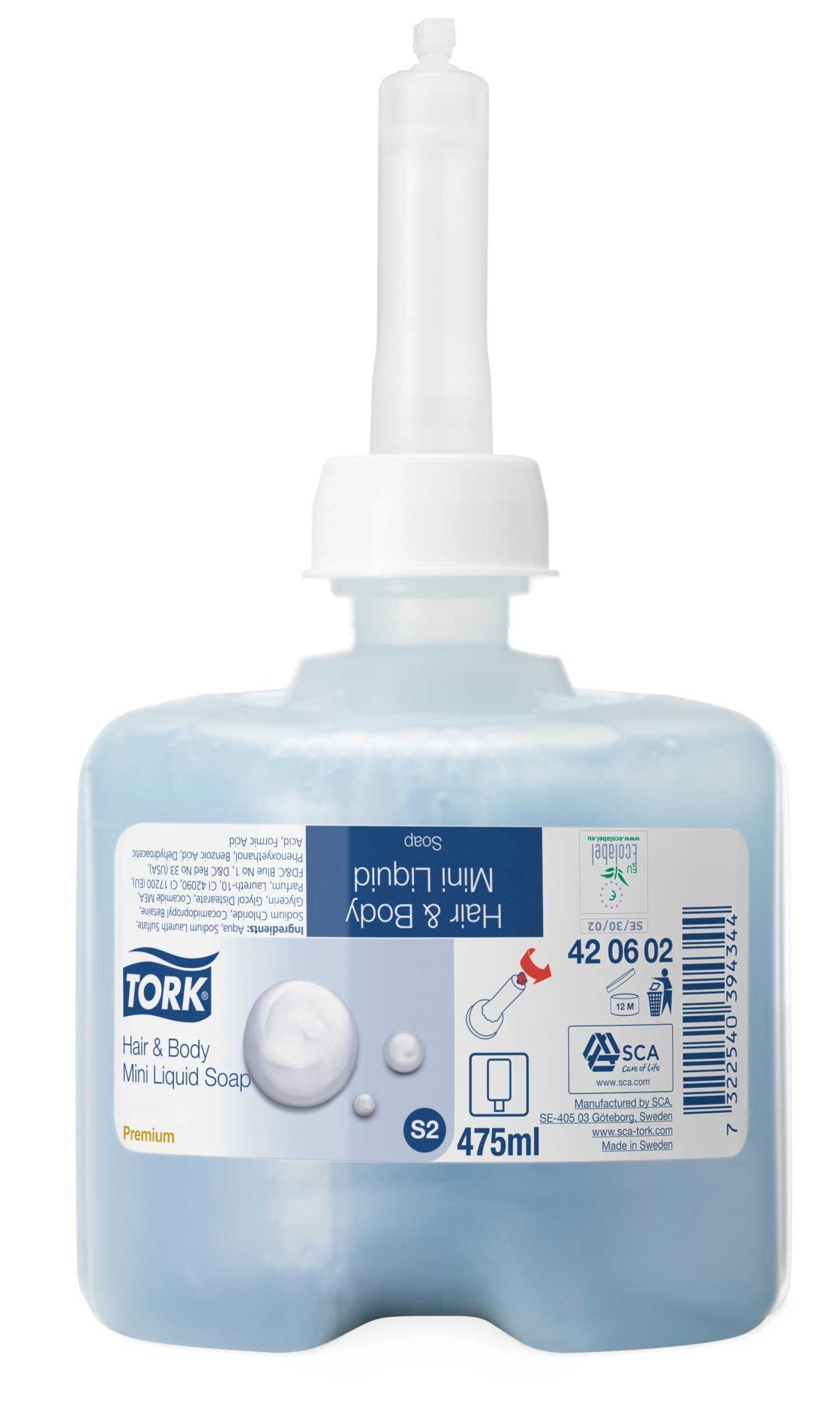 Hair + Body Mini, Tork Premium (S2) 475 ml Flacon, blau, angenehmes Hair + Body Mini, Tork Premium (S2) 475 ml Flacon, blau, angenehmes