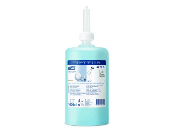 Flüssigseife Tork Premium Hair & Body, 1 lt. Flasche, blau, extra mild,